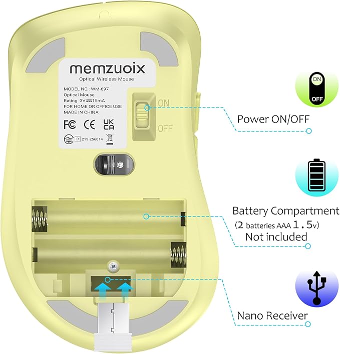 memzuoix 2.4G Wireless Mouse, 1400 DPI Computer Mice USB Receiver, Portable Wireless USB Mouse Battery Powered Cordless Mice for Laptop, PC, Desktop, 5 Buttons (Light Yellow)