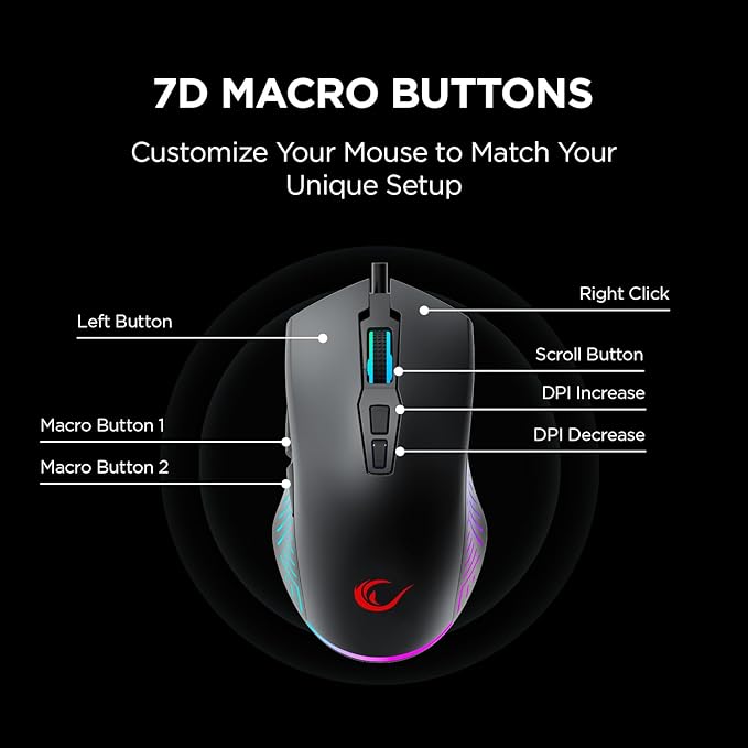 Rampage Spear V2 Black Wired Gaming Mouse with RGB Lighting ?€? 12800 DPI, 7 Programmable Buttons, Lightweight Ergonomic Gaming Mouse for PC/Mac/Laptop Gamers