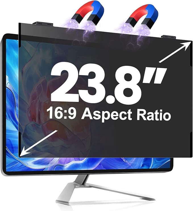 Magnetic 23.8 Inch Computer Screen Privacy Shield, Privacy Screen Filter for Frameless Monitor Widescreen 16:9 Aspect Ratio, Blue Light Protector, Anti-Spy & Anti-Scratch