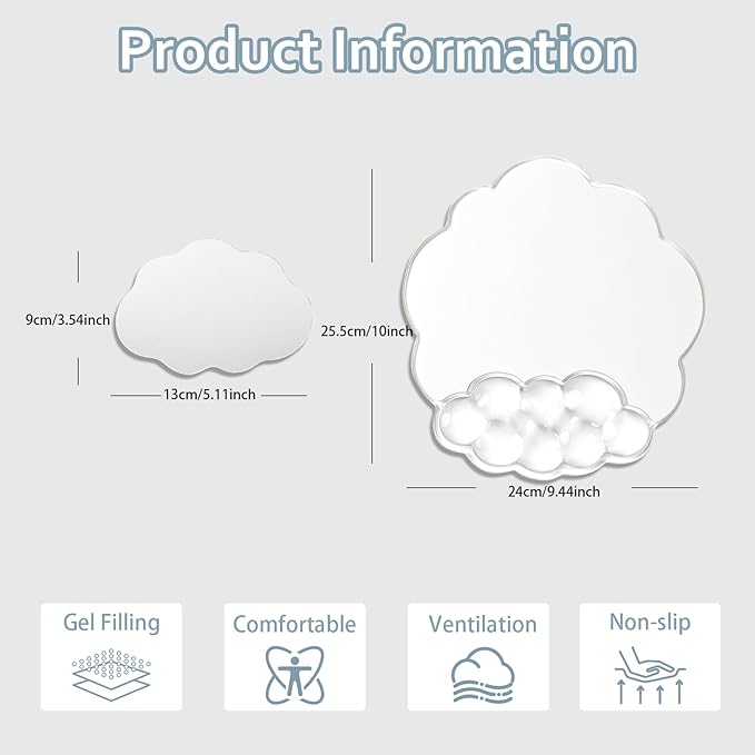 Cloud Mouse Pad with Gel Wrist Support for Mouse - Clear Ergonomic Mousepad with Non-Slip Base and Cute Coaster for Computer Keyboard Typing Pain Relief/Laptop/Home/Office