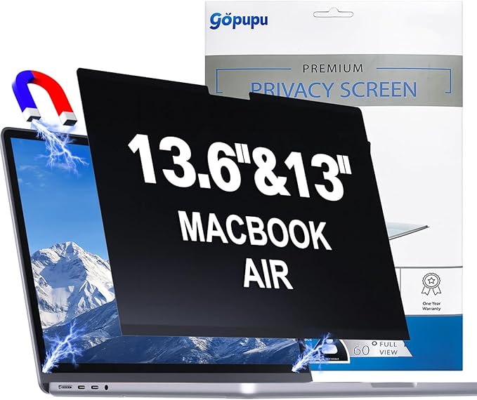 Strong Magnetic Privacy Screen Compatible with Macbook Air 13.6/13 Inch 2022-2026 M2 M3 M4 M5, Removable Mac Air Screen Protector A2681, A3113, A3240 A3449 Screen Filter Shield Anti Glare Anti Blue Light