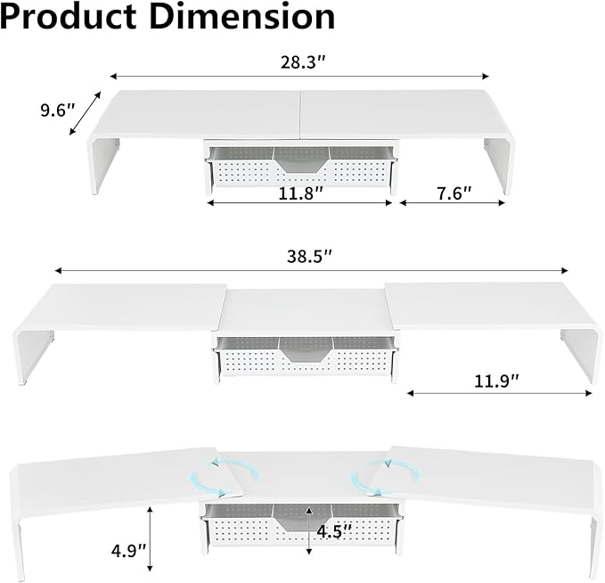 LEKETREE Dual Monitor Stand Riser with Drawer, Desk Organizer and Accessories, Metal Laptop Stand for Desk, Workspace Desktop Stand for Computer, Laptop, TV and More (White)