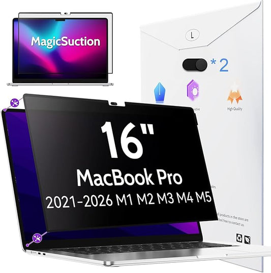 Peslv Privacy Screen for MacBook Pro 16 Inch (2021-2026, M1, M2, M3, M4, M5), MagicSuction™ Removable Anti Spy Black Protector, Glare Blue Light Filter for Mac Laptop Computer