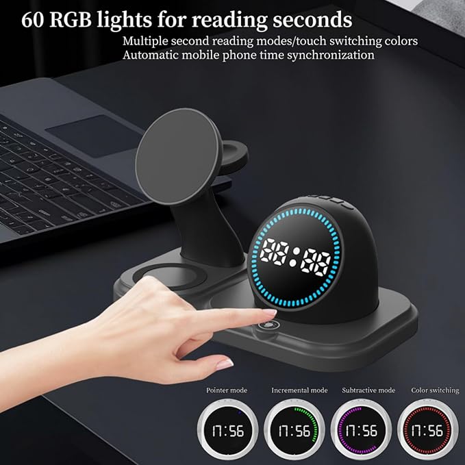 6 in 1 Wireless Charger i-Phone Charging Station: Stand for Multiple Devices for Apples - Compatible i-Phone 17 16 15 14 13 Pro Max Apples Watch Airpods, Design with Wireless Speaker & Clock (Black)