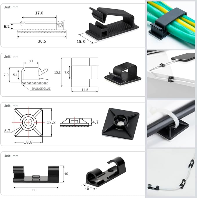 ZIIYAN 163 PCS Cable Management Kit, 3 Wire Organizer Sleeve, 8 Self Adhesive Cable Holder, 25 Cord Clips, 20+2 Roll Reusable Cable Straps and 100 Fastening Cable Ties for Computer TV Under Desk - Image 3