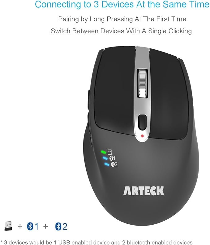 Arteck Wireless Bluetooth Mouse with Nano USB Receiver, Black, 4-Month Battery Life, Ergonomic Design