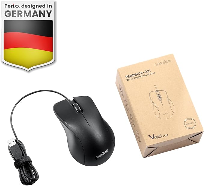 Perixx PERIMICE-221U Wired Ergonomic USB Mouse - 4.9 Ft Cable - Optical 1000 DPI Design - Black?€??€?