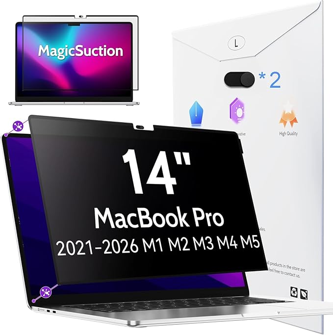 Peslv Privacy Screen for MacBook Pro 14 Inch (2021-2026, M1, M2, M3, M4, M5), MagicSuction™ Removable Anti Spy Black Protector, Glare Blue Light Filter for Mac Laptop Computer