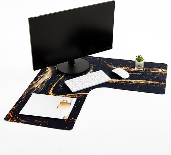 L Shaped Desk Mat for Corner, Large Extended Mouse Pad with Non-Slip Rubber Base, Black Waterproof Desk Protector for Office & Gaming Setup