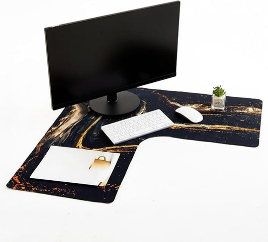 L Shaped Desk Mat for Corner, Large Extended Mouse Pad with Non-Slip Rubber Base, Black Waterproof Desk Protector for Office & Gaming Setup