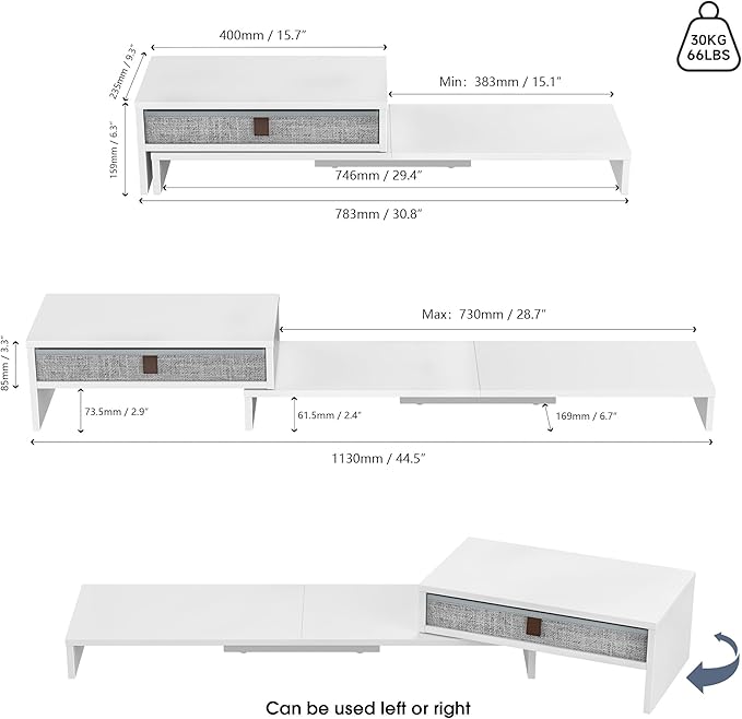 Fenge Computer Monitor Riser Stand with Drawer for 2 or 3 Monitors ,Adjustable Length and Angle Desktop Laptop Stand,Office Organizer,Printer,White