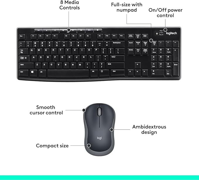 Logitech MK270 Wireless Keyboard and Mouse Combo for Windows,2.4 GHz,8 Multimedia Keys,PC,Laptop,Wireless Keyboard Compact Mouse Combo - Black,(Pack of 4)