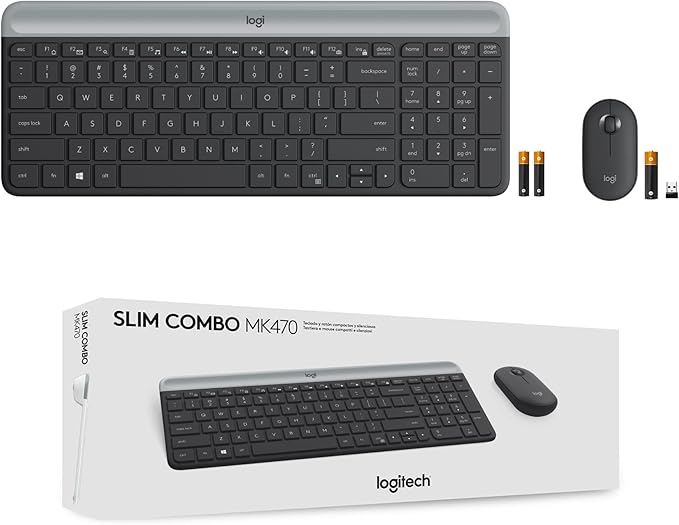 Logitech MK470 Slim Wireless Keyboard and Mouse Combo - Modern Compact Layout, Ultra Quiet, 2.4 GHz USB Receiver, Plug n' Play Connectivity, Compatible with Windows - Graphite