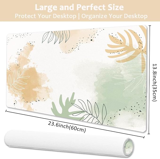 Large Desk Mat, Dual Side PU Leather Waterproof Mousepad Desk Pad, Desk Protector Writing Pads Desk Accessories for Office and Home (E-Watercolor Plants, 24''X14'')