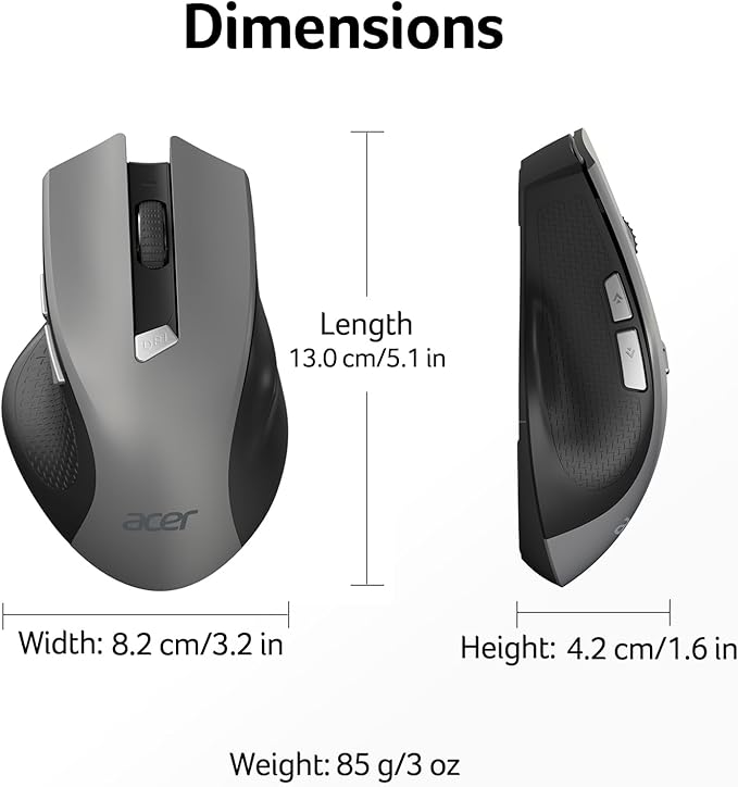 acer Wireless Mouse for Laptop, 2.4GHz Computer Mouse 3 Adjustable DPI Office Cordless USB Mice with USBA Receiver, 6 Buttons, 1600 DPI, Medium to Large Sized Hands (Grey)