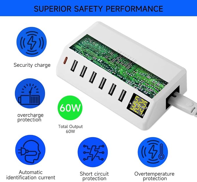 USB Charging Station, 60W/12A 7-Port USB Charger Station with LED Display for Multiple Devices PD20W USB C Charger for All iPad iPhone14/13/12 Pixel Galaxy Tablet Headphones and More (White)