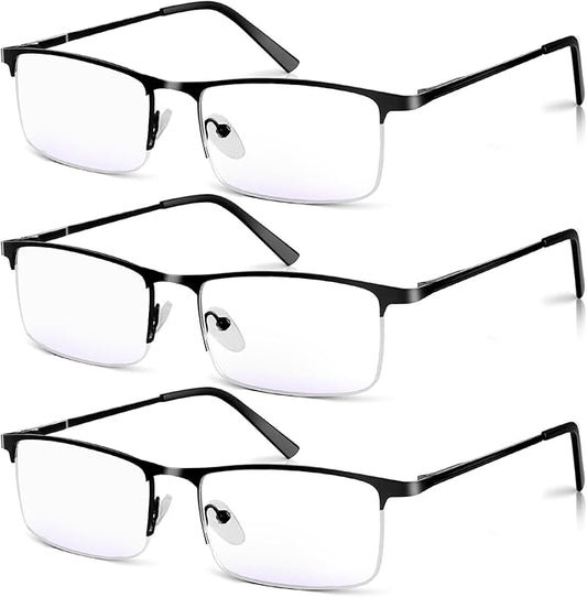 3 Pack Blue Light Blocking Reading Glasses for Men, Stylish Half Frame Metal Computer Readers, Lightweight Spring Hinge Eyeglasses Anti Eyestrain/Glare/UV (Black, 2.0)