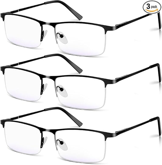 3 Pack Blue Light Blocking Reading Glasses for Men, Stylish Half Frame Metal Computer Readers, Lightweight Spring Hinge Eyeglasses Anti Eyestrain/Glare/UV (Black, 3.0)