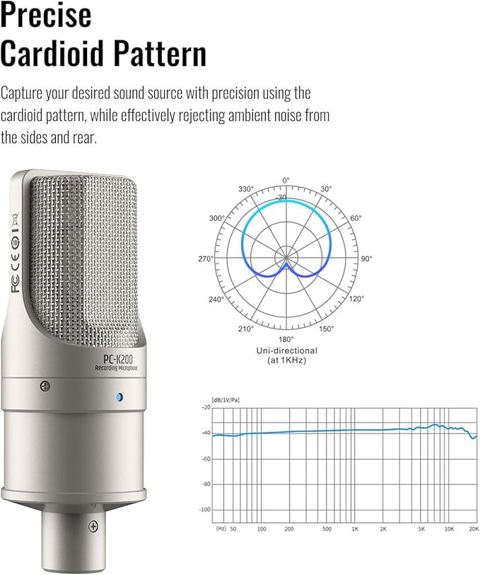 TAKSTAR XLR Condenser Microphone, PC-K200 II Recording Cardioid Mic with Ultra-Low Self-Noise, Balanced Sound, Power Indicator, Studio Singing Microphone for Live Streaming, Gaming, Broadcast