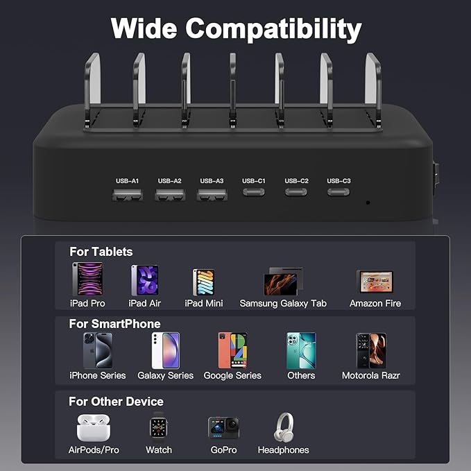 MSTJRY 90W 6-Port USB C Fast Charging Station for Multiple Devices, Multi PD Charger Station for iPhone iPad Tablet Phone, Charging Dock Organizer with Adjustable Dividers for Home Office Classroom