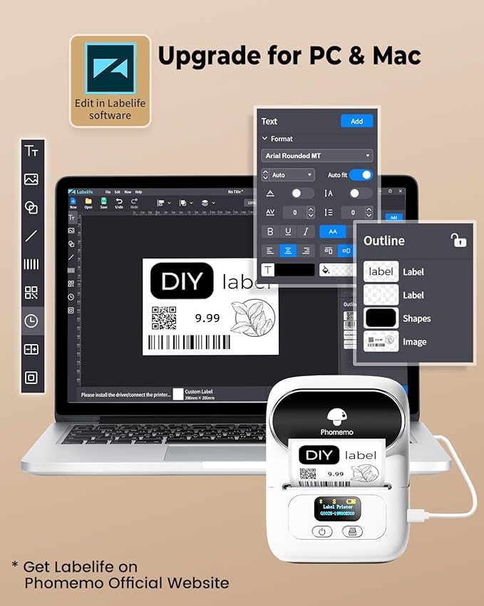 Phomemo Label Printer M110 Upgraded Label Maker Bluetooth No Ink Portable for Small Business, Address, Office, Home for Phone; for PC/Mac(USB), with 100 Labels, White