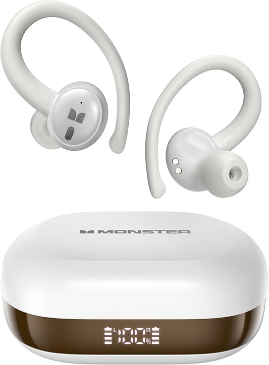 Monster N-Lite 216 Wireless Earbuds, Sports Earbuds with Earhooks, Noise Cancelling Headset, Stereo Deep Bass Over Ear Buds 48H Playtime, IPX6 Waterproof Earphones for Running/Workout（White）