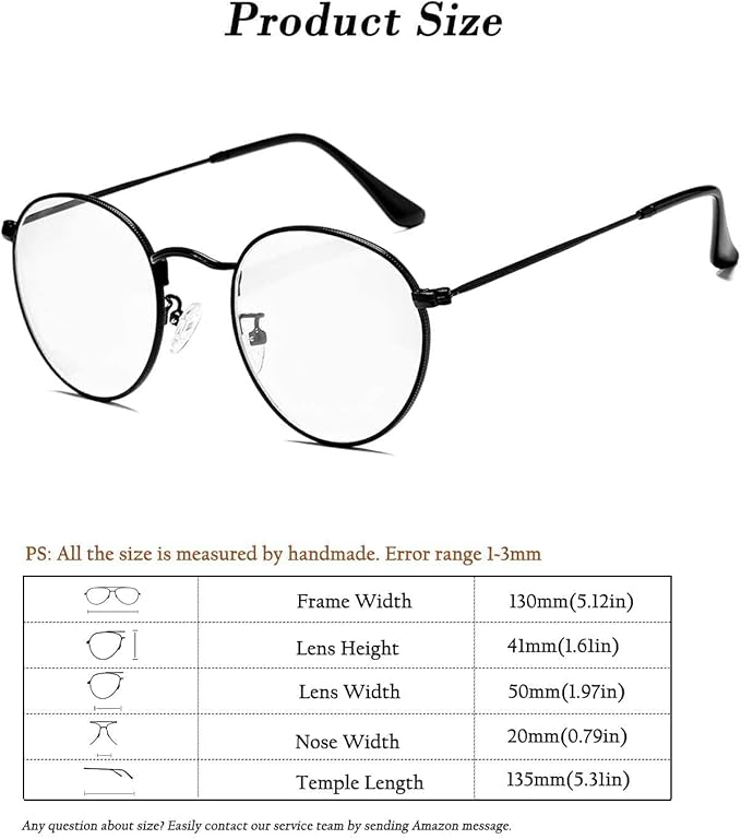 HJSTES Round Blue Light Glasses for Women Men Retro Circle Clear Lens Metal Frame Eyeglasses