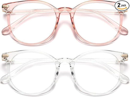 Gaoye 2 Pack Blue Light Blocking Glasses, Retro Round Eyewear Frame Anti Eyestrain Computer Glasses for Women Men - GY1688 (Pink+Transparent)