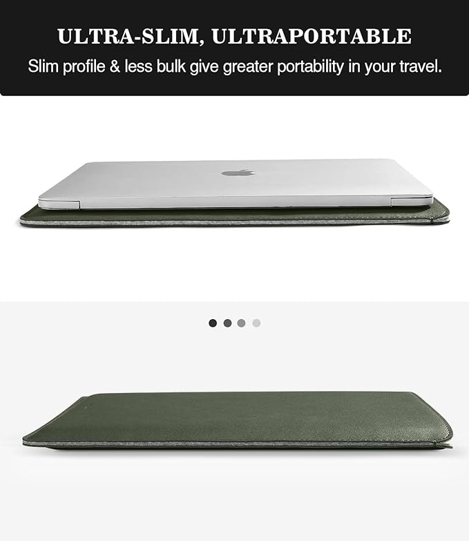 MoKo Laptop Sleeve Compatible with New Mac Pro 14 Inch M5/4/3/2/1 2026-2021, Slim Stylish Laptop Bag Made of PU Leather, Fliz Sleeve Case, Carry Bag for 14 Inch Mac, Midnight Green