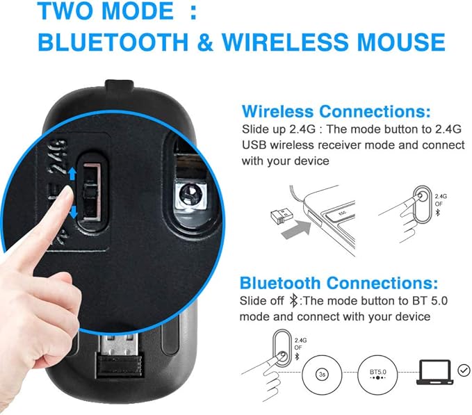Wireless Bluetooth Mouse for Laptop, Rechargeable Mouse 2.4G USB Optical Wireless Mouse, LED Slim Dual Mode(Bluetooth 5.0 and 2.4G) Wireless Device for Laptop, PC, Mac OS, Android, Windows Champagne