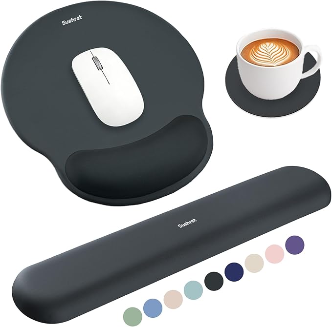 Sushret Mouse Pad and Keyboard Wrist Rest, 3-in-1 Gel Memory Foam Ergonomic Mouse Pad with Wrist Rest Set, Gaming Mousepad Arm Cushion Support for Computer Office Desk Accessories Cute Setup, Charcoal