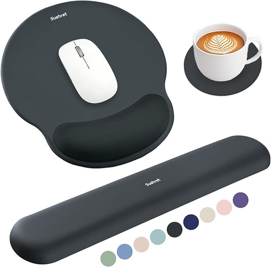 Sushret Mouse Pad and Keyboard Wrist Rest, 3-in-1 Gel Memory Foam Ergonomic Mouse Pad with Wrist Rest Set, Gaming Mousepad Arm Cushion Support for Computer Office Desk Accessories Cute Setup, Charcoal