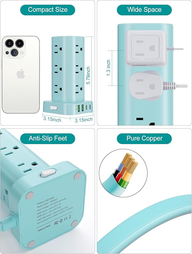 Power Strip Tower with Multiple Outlets, Flat Plug Surge Protector Tower Extension Cord with 12 AC Outlets 4 USB Ports (2 USB C), 6FT Cord Power Tower Surge Protector for Home Office Dorm Room, Blue