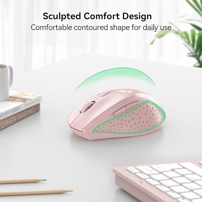 TECKNET Wireless Mouse, 2.4G USB Computer Mouse with 6-Level Adjustable 4800 DPI, 30 Months Battery, Ergonomic Grips, 6 Buttons Portable for PC, Chromebook, Mac - Pink