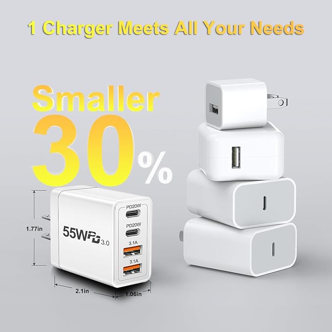Dual USB C Charger 55W USB C Charger Block, CARZONJX 4 Port Type C Fast Charging Block QC+PD Power Adapter Wall Plug for iPhone 17 16 15 14 13 12 11 Plus Pro Max, Galaxy, Tablet and More