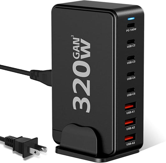 Upgrade USB C Desktop Charger, 320W 8-Port GaN III Fast Charging Station Hub 100W PD Laptop Charger with 5-Foot Cable for MacBook Pro/Air, Dell XPS, iPhone 17/16/15, Galaxy S25, iPad Pro/Air