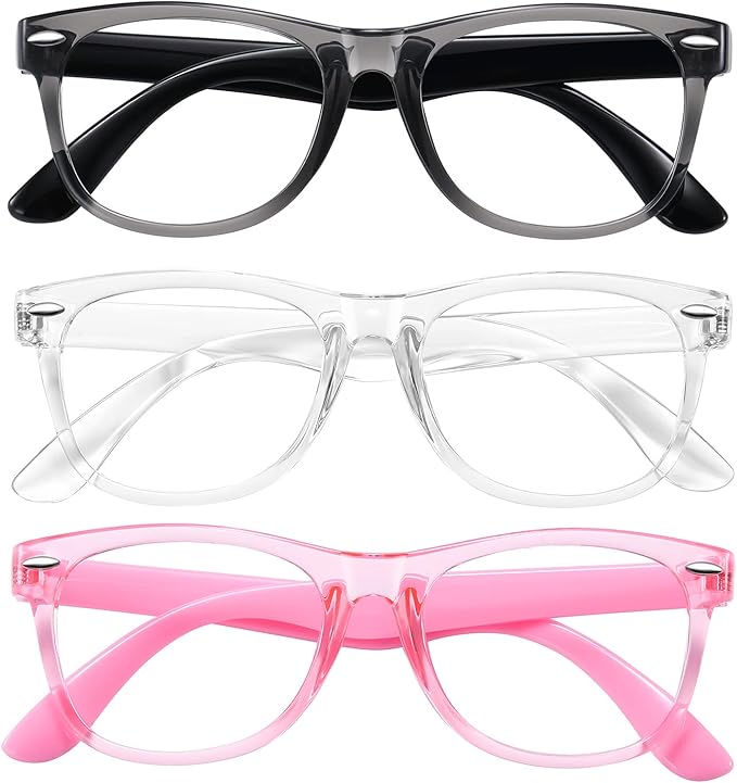 Okany Blue Light Glasses for Kids 3 Pack Blue Light Blocking Glasses for Teen Boys Girls Age 3-10,Computer Screen Gaming TV Phone Glasses Anti Glare,UV & Eye Strain (Grey Black+Transparent+Pink)