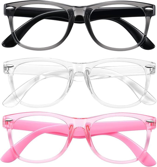 Okany Blue Light Glasses for Kids 3 Pack Blue Light Blocking Glasses for Teen Boys Girls Age 3-10,Computer Screen Gaming TV Phone Glasses Anti Glare,UV & Eye Strain (Grey Black+Transparent+Pink)