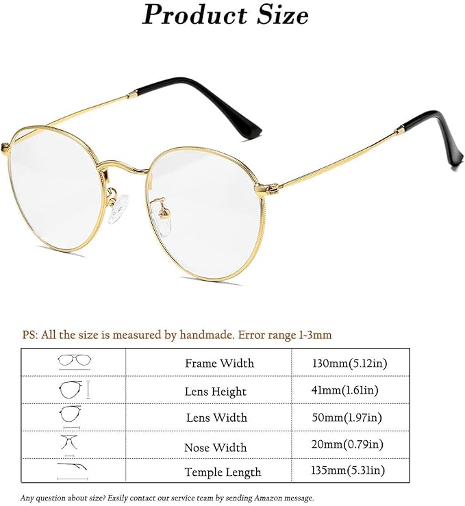 HJSTES Round Blue Light Glasses for Women Men Retro Circle Clear Lens Metal Frame Eyeglasses
