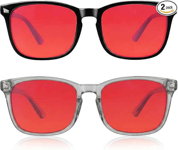 2 Packs Professional Sleep Glasses with 99.9% Blue Light Blocking Dual AR Coatings Red Lens, Computer Gaming Glasses for Men Women, Anti Fatigue & Eye Strain