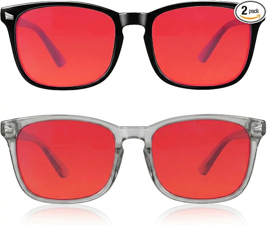 2 Packs Professional Sleep Glasses with 99.9% Blue Light Blocking Dual AR Coatings Red Lens, Computer Gaming Glasses for Men Women, Anti Fatigue & Eye Strain