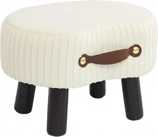 Small Footstool with Handle, Velvet Ottoman Foot Rest with Padded Seat, Curved Foot Stool with Wooden Legs, Portable Foot Rest for Living Room, Bedroom, Entryway, White