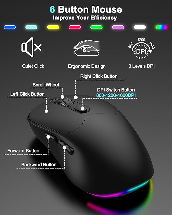Wireless Keyboard and Mouse Combo, 7 Backlit Effects, Light Up Letters, Rechargeable, Phone Holder, 6 Button Mouse, Ergonomic Tilt Angle, 2.4GHz Silent USB Keyboard Mouse for Laptop, Computer, PC
