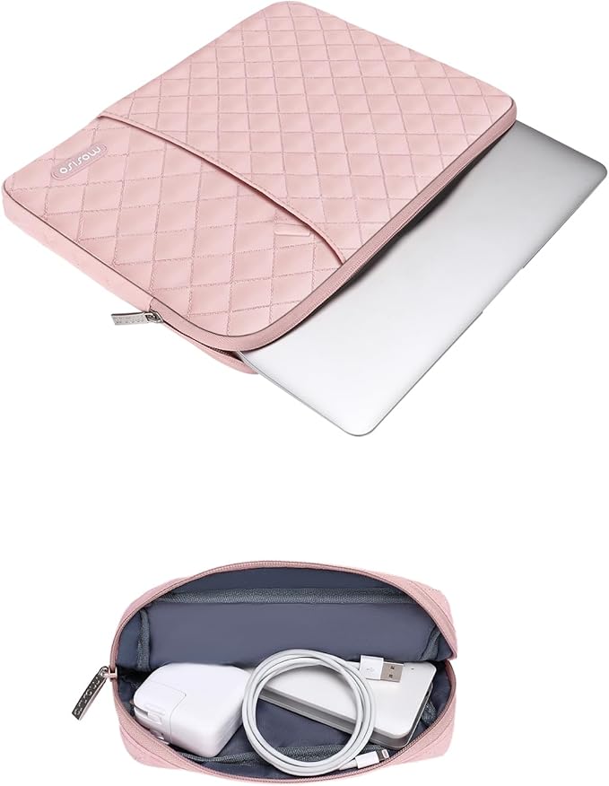 MOSISO Laptop Case 13.3 inch, 13-13.3 inch Laptop Sleeve Compatible with MacBook Air/Pro 13 / Pro 14, HP Dell Acer ASUS Lenovo,Square Quilted Vertical Computer Bag with Pocket&Small Case, Chalk Pink
