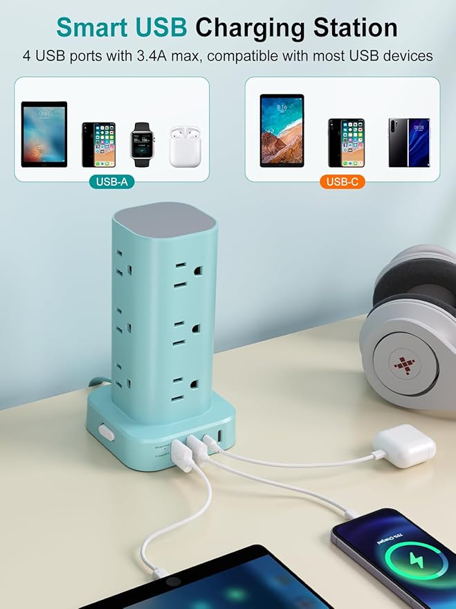 Power Strip Tower with Multiple Outlets, Flat Plug Surge Protector Tower Extension Cord with 12 AC Outlets 4 USB Ports (2 USB C), 6FT Cord Power Tower Surge Protector for Home Office Dorm Room, Blue