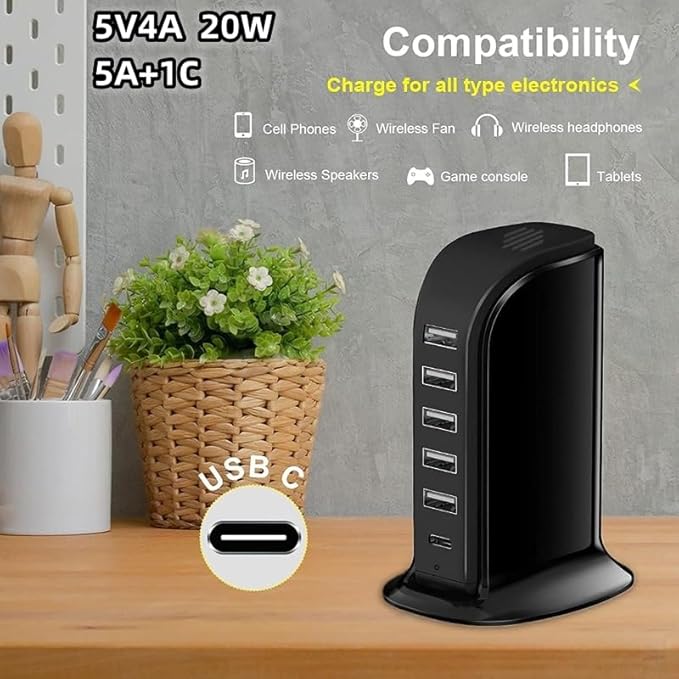 USB Charging Station for Multiple Devices, 5 USB Ports + 1 Type C Multiport Charger Tower, Compatible with Smartphones, Tablets and Other Devices (Black)