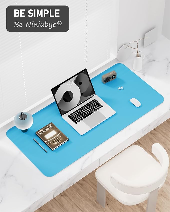 Desk Pad, 23.6" x 13.8" PU Leather Non-Slip Desk Mat Large Mouse Pad for Desktop, Waterproof Laptop Computer Writing Mat for Office, Home, Work, Gaming, Aqua Blue