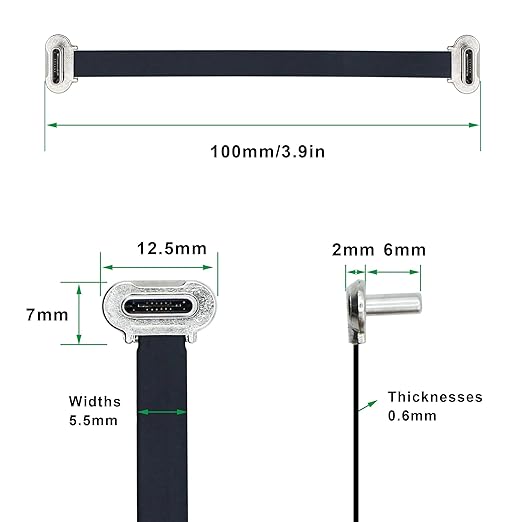Right Angle USB C Short Flat Cable Dual Angle USB C Male to Male PD 65W Fast Charge Data Cord for Power Banks Phone Tablet(100mm/3.9in)