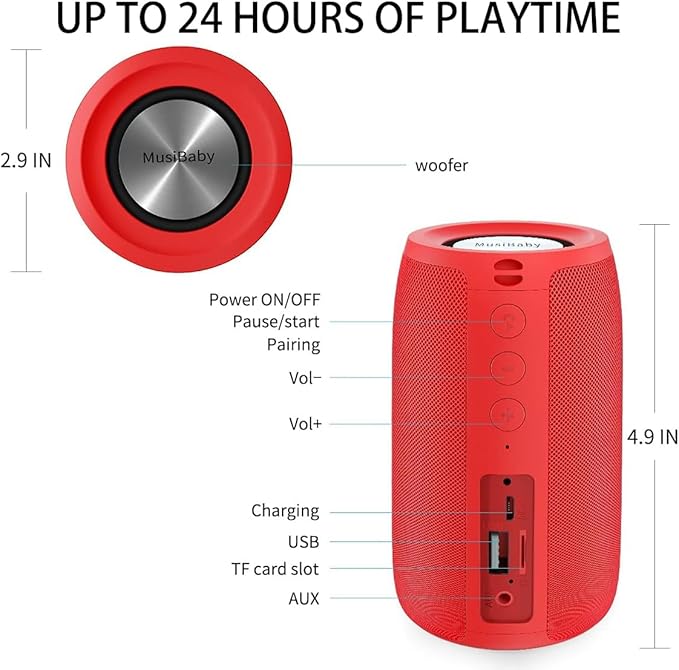 Musibaby Bluetooth Speaker, Wireless,Outdoor, Waterproof,Portable Speaker,Dual Pairing, Bluetooth 5.0,Loud Stereo,Booming Bass,24H Playtime for Home&Party,Gifts(Pure Red)
