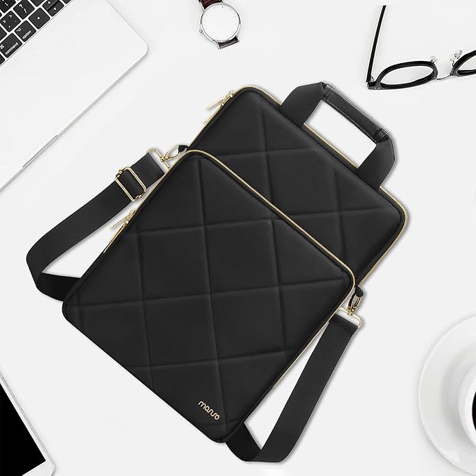 MOSISO Vertical Laptop Shoulder Bag,Computer Bag,Rhombus Quilted Messenger Bag with Front Pocket&Handle&Belt